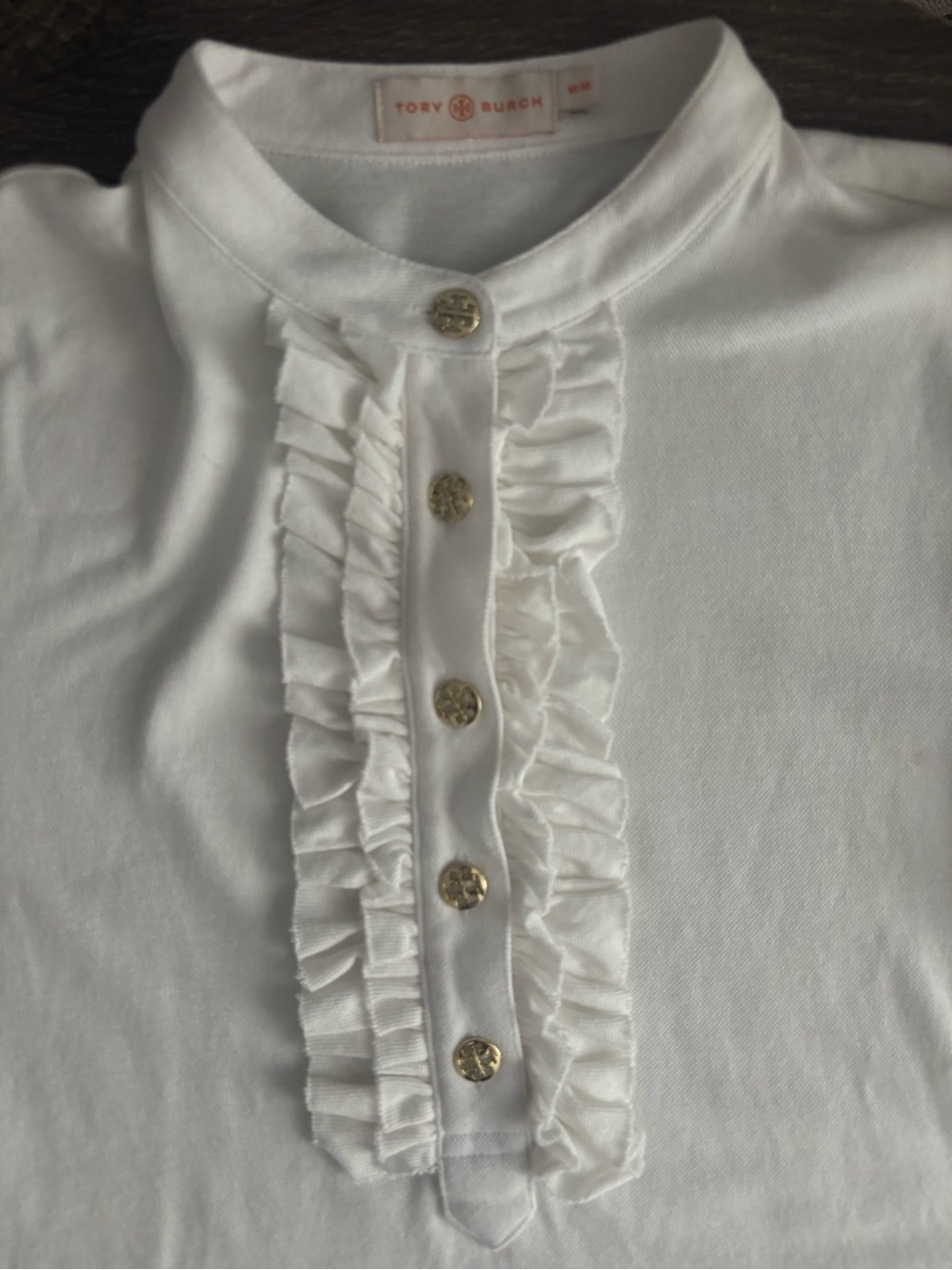 Tory Burch White Ruffle-Placket Polo with Gold Logo Buttons